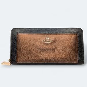 Coach Leather Zip Accordion Wallet Colorblock Black & Golden Bronze Metallic